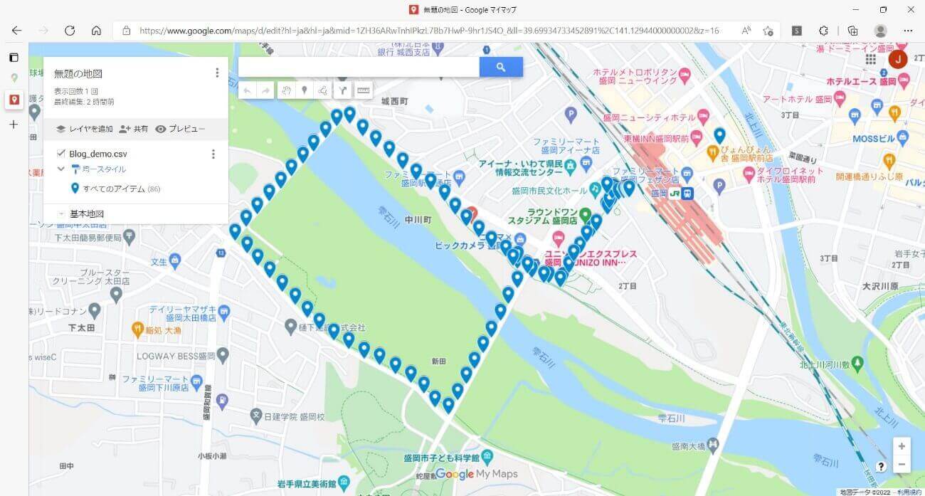 図4. NEQTOを携行して移動し30秒ごとの位置情報を表示させた例 